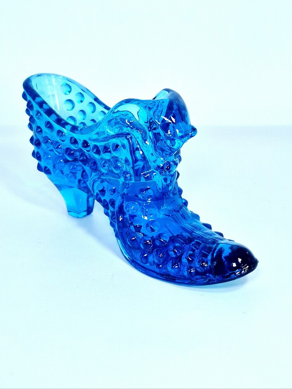 Vintage Fenton Cobalt Blue Hobnail Glass Cat Head Slipper Shoe Figurine
